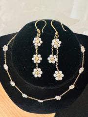 Dainty Flower Pearl Necklace and Earrings set